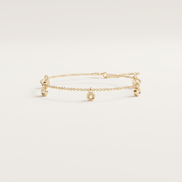 Bezel-Set Diamond Multi-Dangle Charm Chain Bracelet