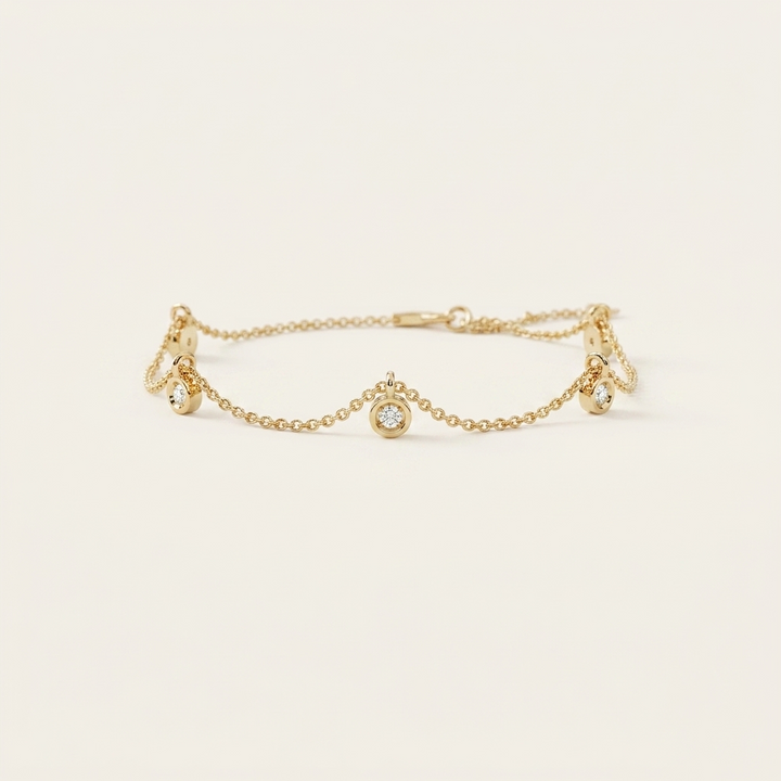Bezel-Set Diamond Multi-Dangle Charm Chain Bracelet