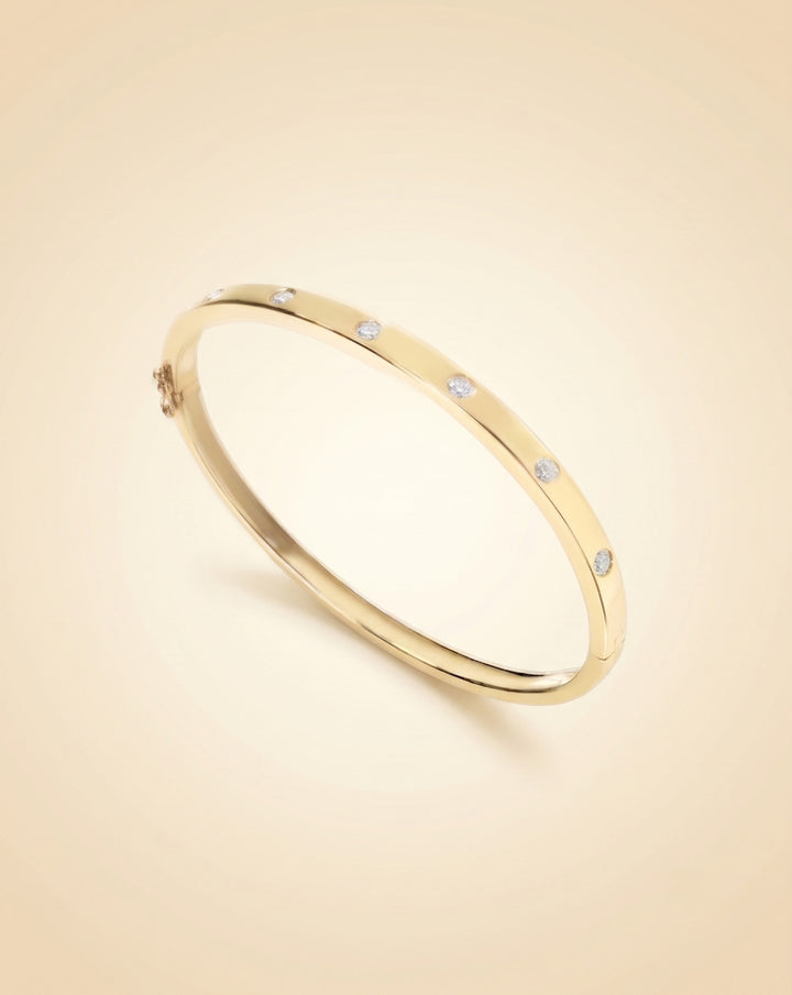 Bezel-Set Diamond Flush Station Hinged Bangle Bracelet in Gold