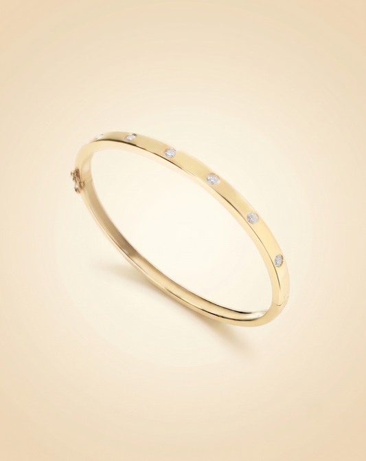 Bezel-Set Diamond Flush Station Hinged Bangle Bracelet in Gold