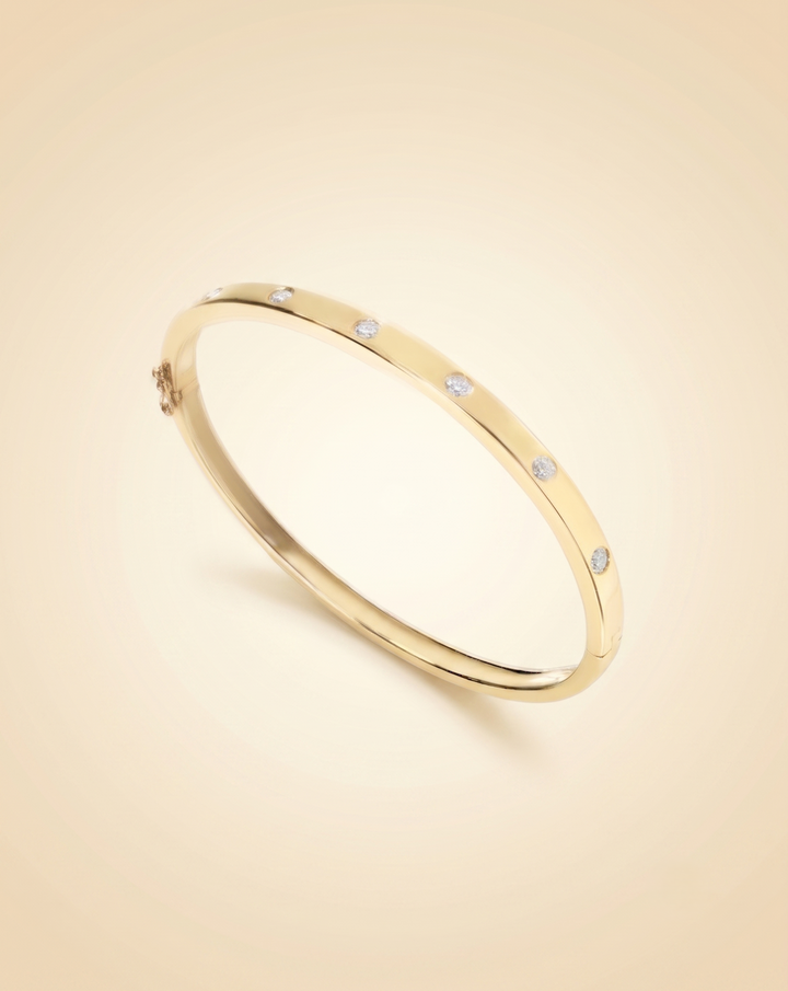 Bezel-Set Diamond Flush Station Hinged Bangle Bracelet in Gold