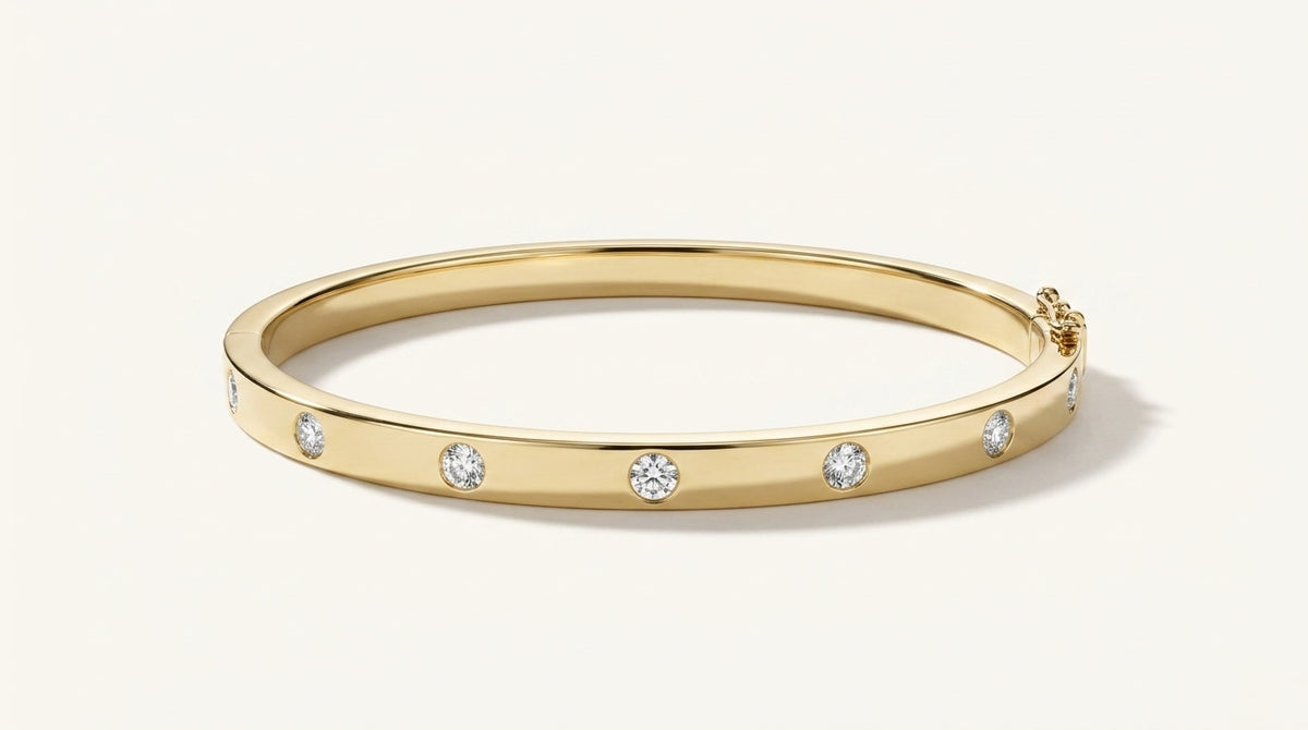 bezel-set diamond flush station hinged bangle bracelet in gold