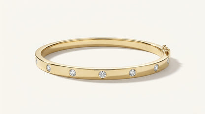 Bezel-Set Diamond Flush Station Hinged Bangle Bracelet in Gold