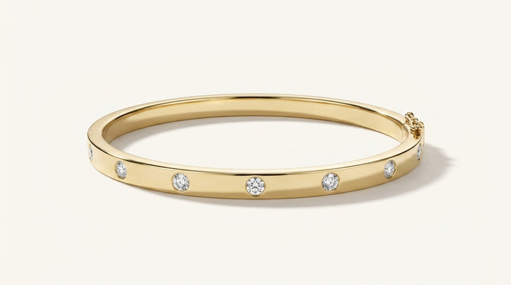 Bezel-Set Diamond Flush Station Hinged Bangle Bracelet in Gold