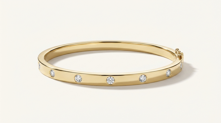 Bezel-Set Diamond Flush Station Hinged Bangle Bracelet in Gold