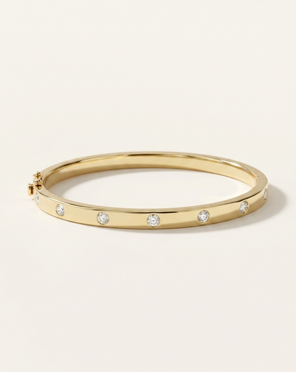 Bezel-Set Diamond Flush Station Hinged Bangle Bracelet in Gold