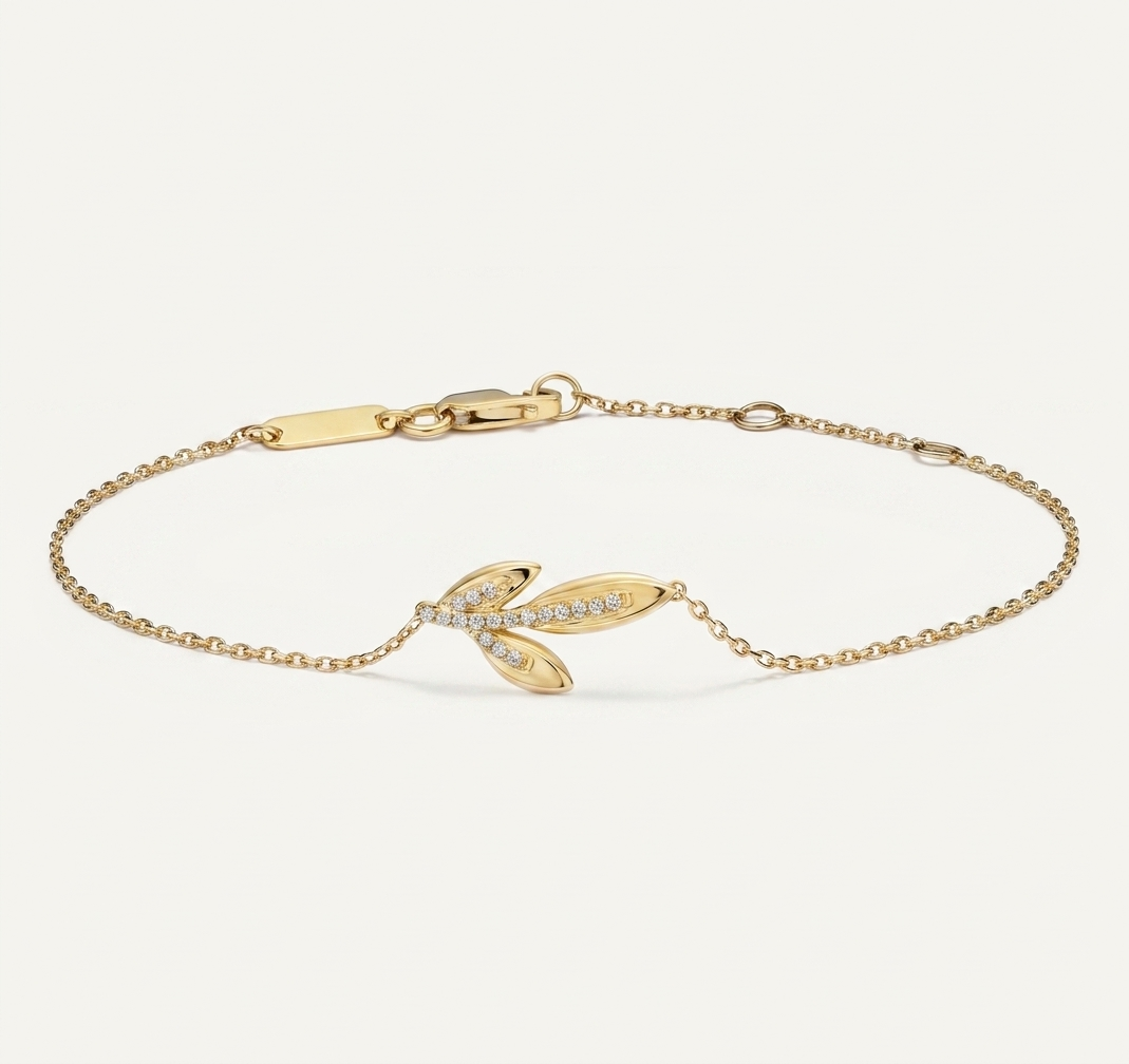 pavé diamond olive branch chain bracelet in gold