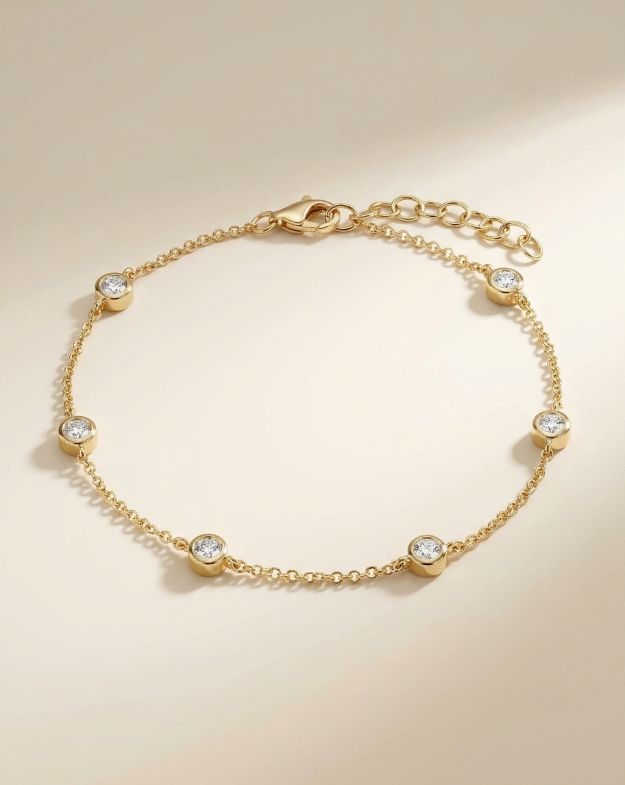 lab grown bezel set diamond station chain bracelet