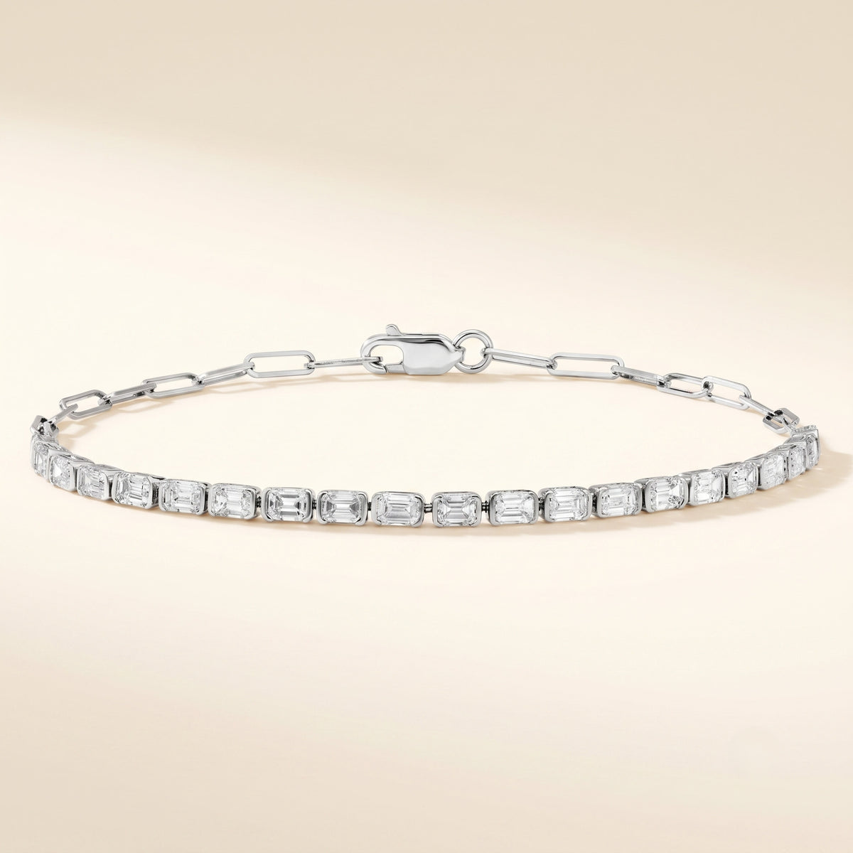 lab grown emerald cut diamond bezel paperclip bracelet