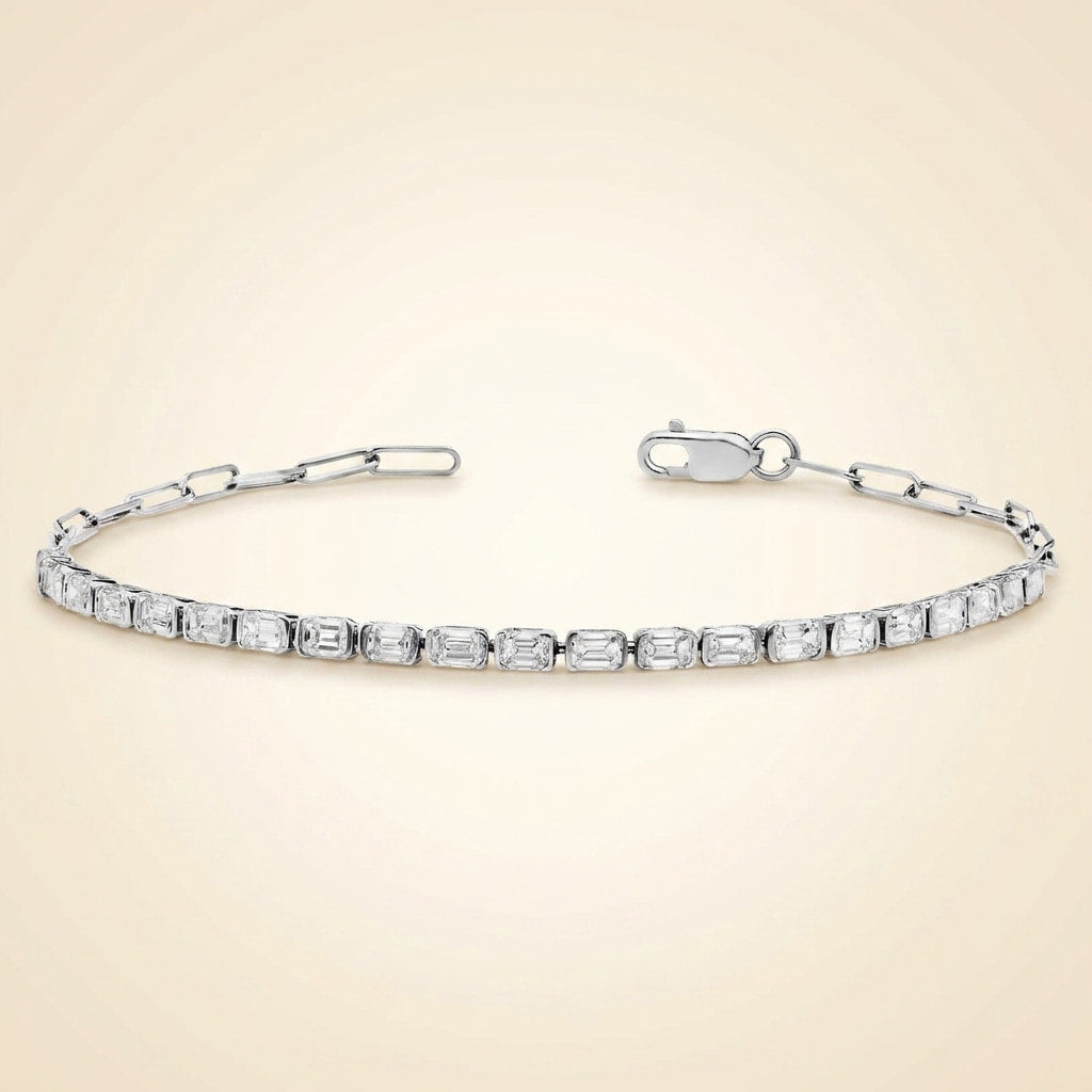 lab grown emerald cut diamond bezel paperclip bracelet