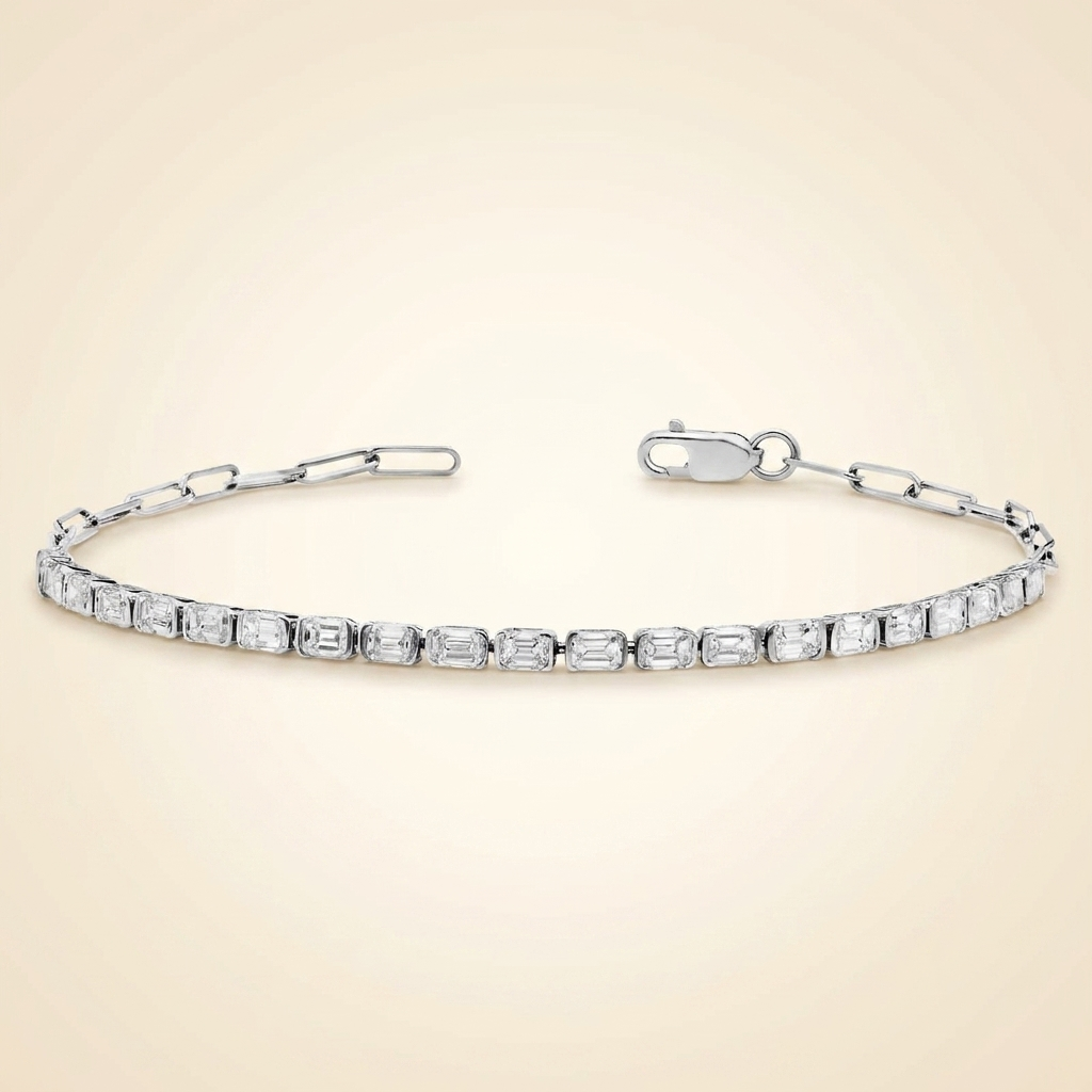 lab grown emerald cut diamond bezel paperclip bracelet