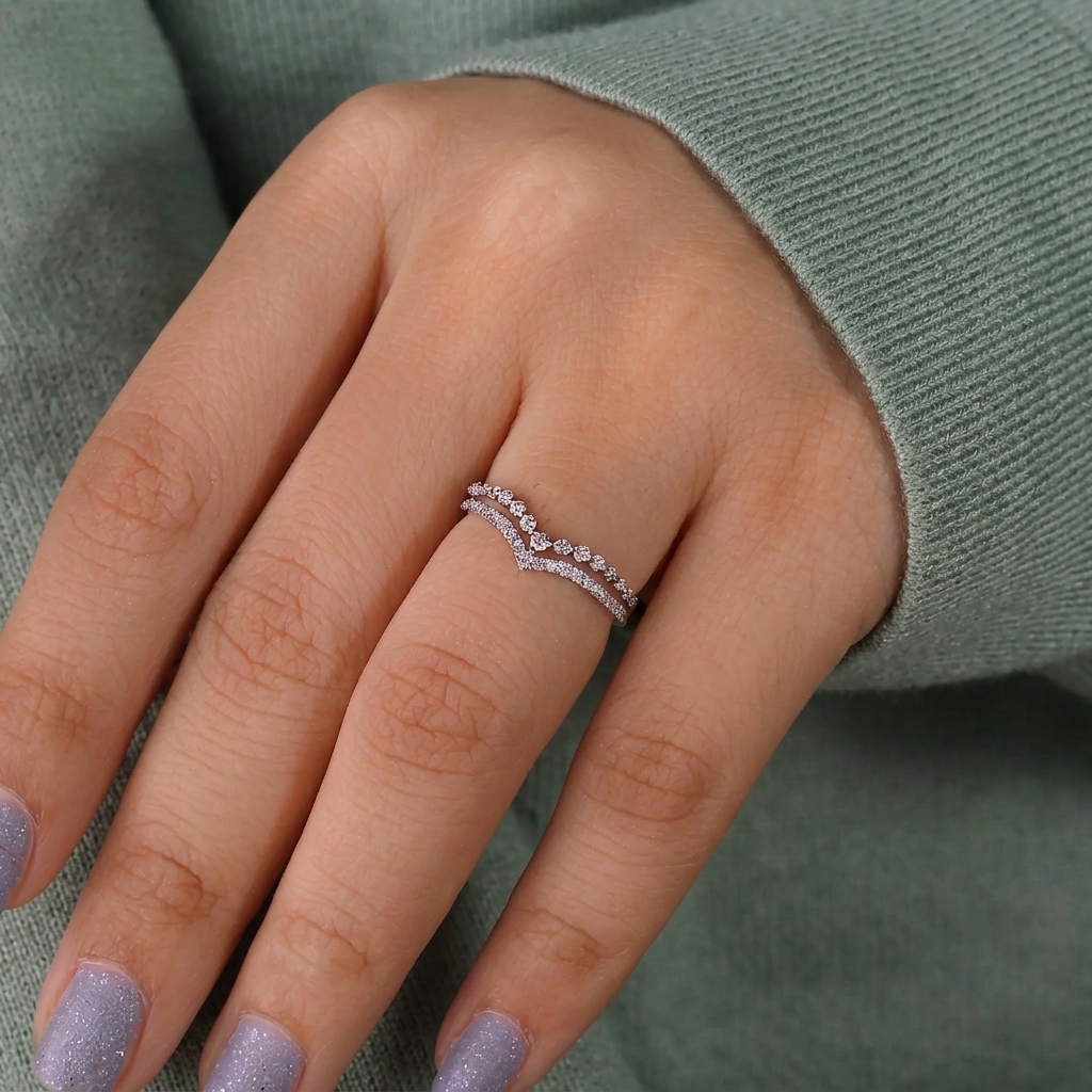double-row chevron diamond curved wedding band