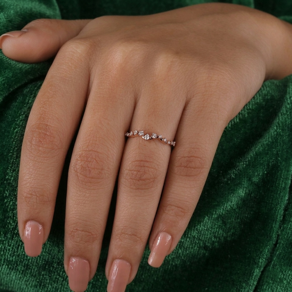 curved graduated round diamond contour wedding band