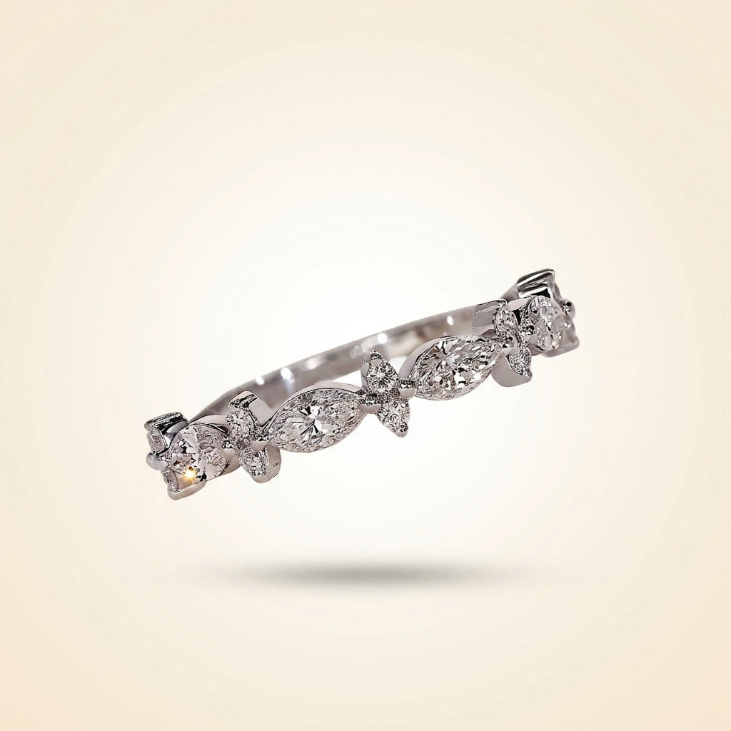 marquise and round diamond floral cluster wedding band