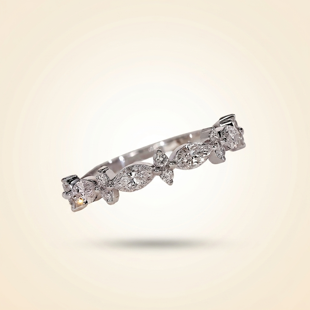 marquise and round diamond floral cluster wedding band