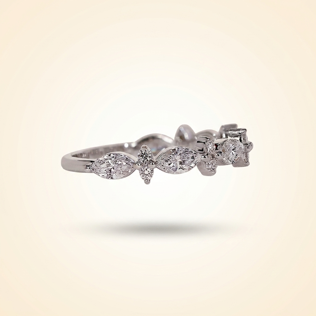 marquise and round diamond floral cluster wedding band
