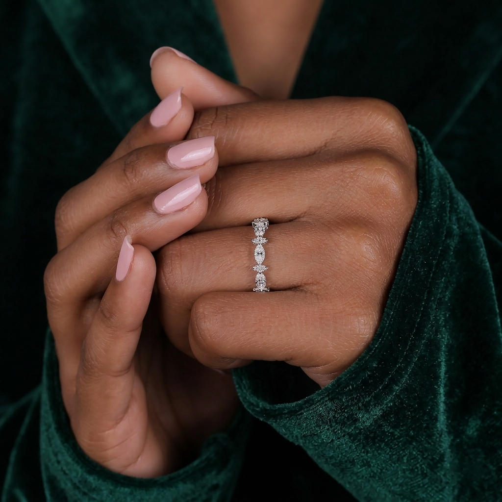 marquise and round diamond floral cluster wedding band
