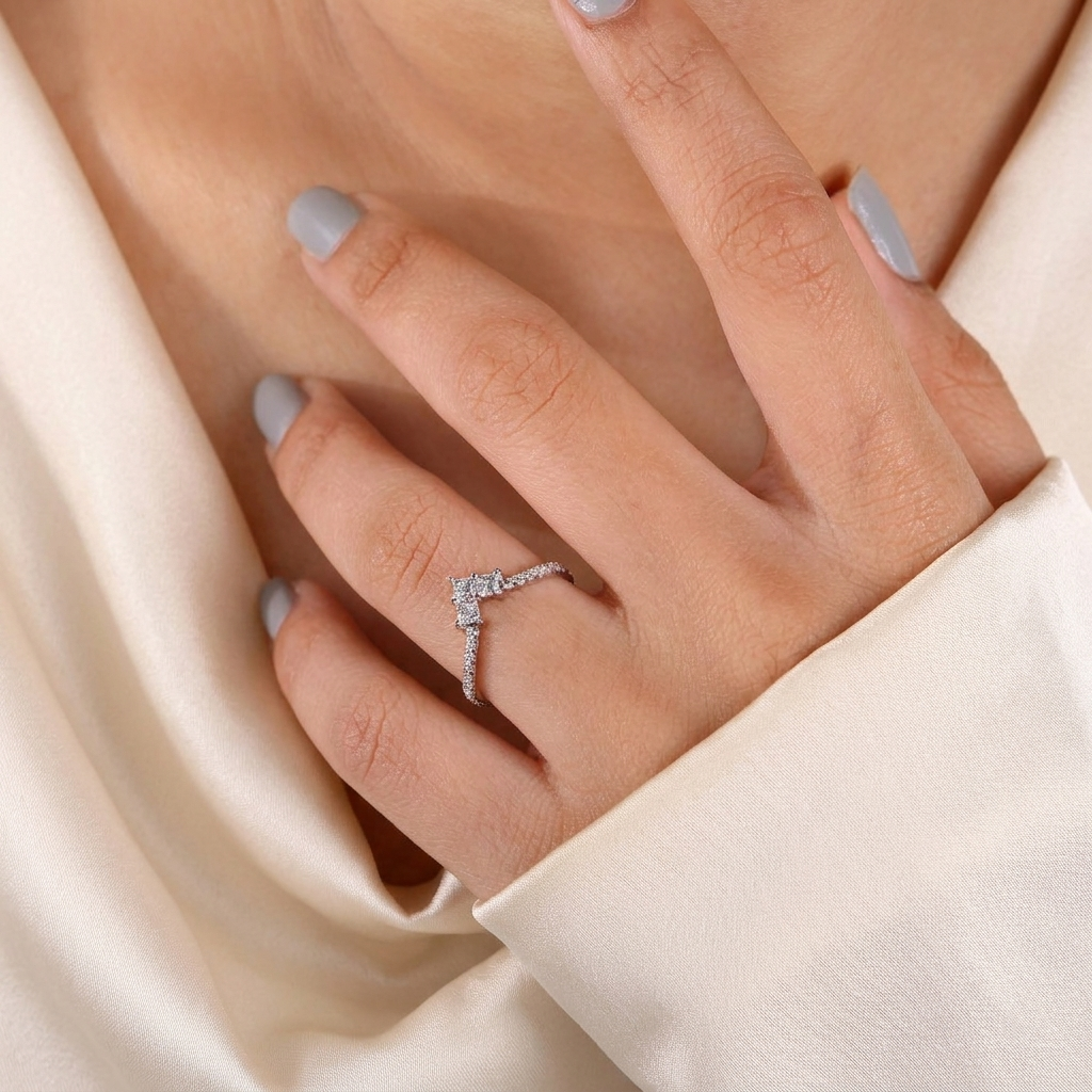 princess cut chevron diamond curved wedding band