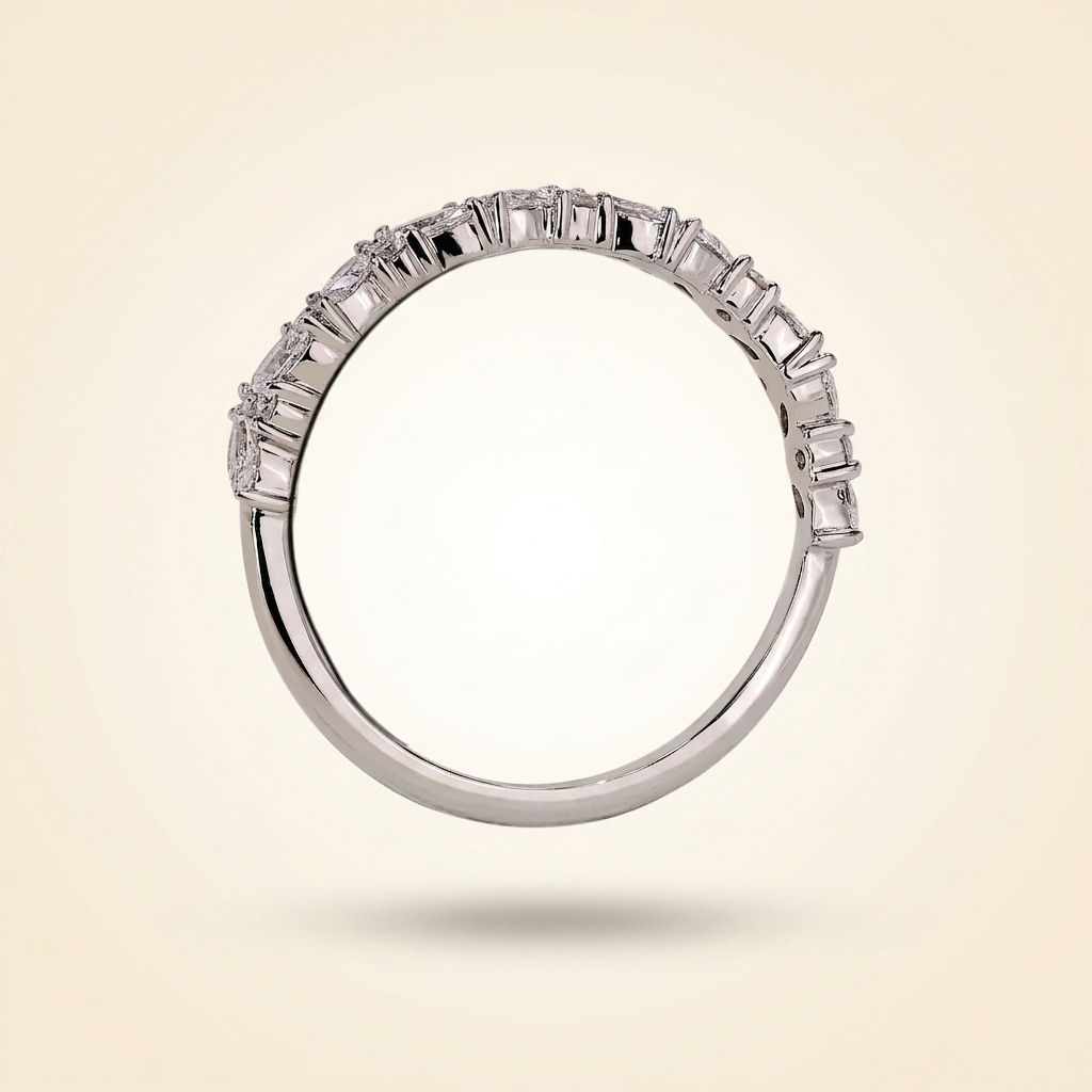 alternating marquise and round half eternity diamond band