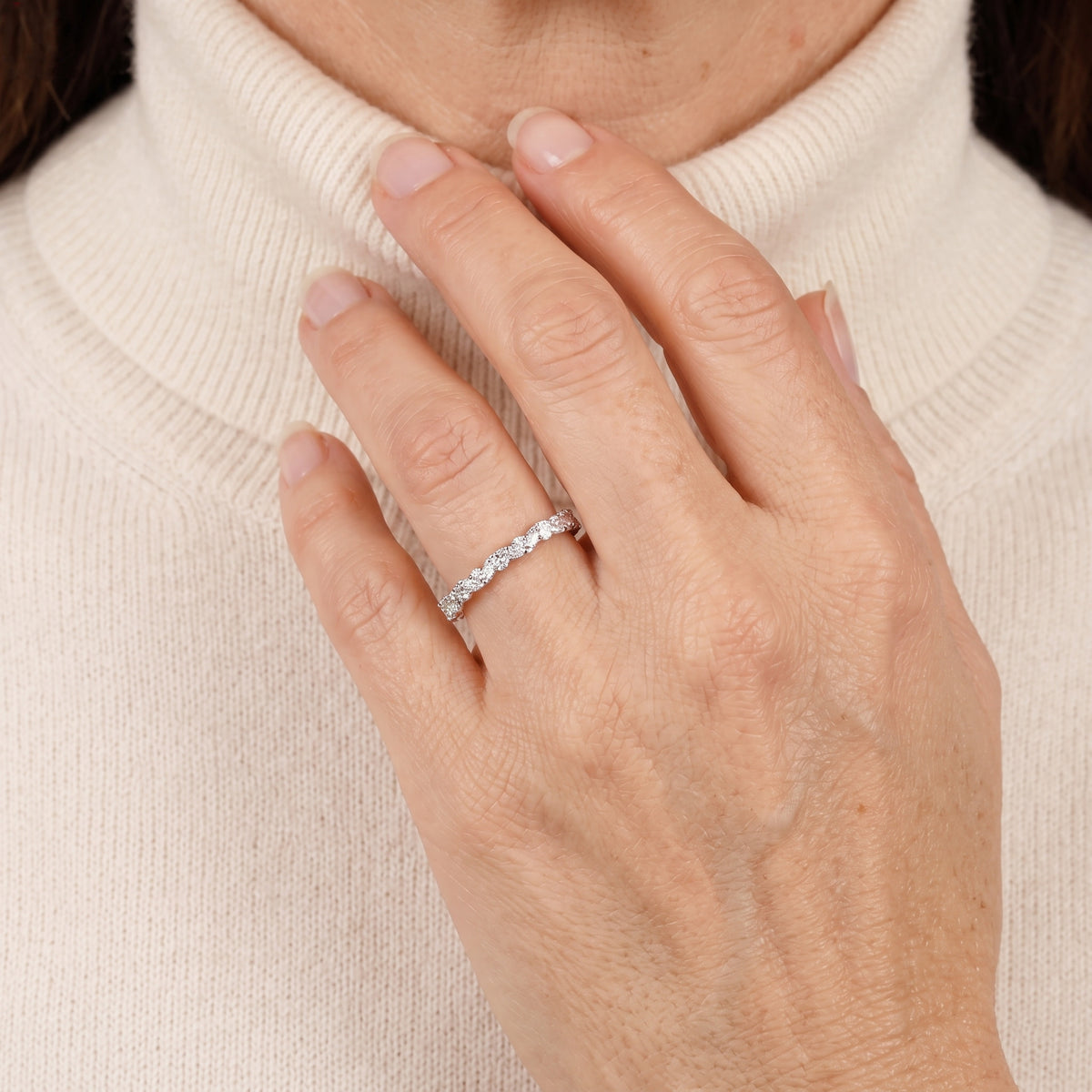 alternating marquise and round half eternity diamond band