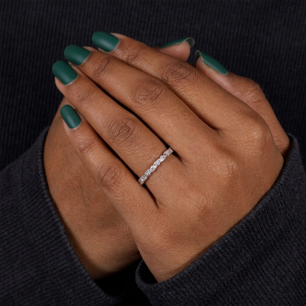 alternating marquise and round half eternity diamond band