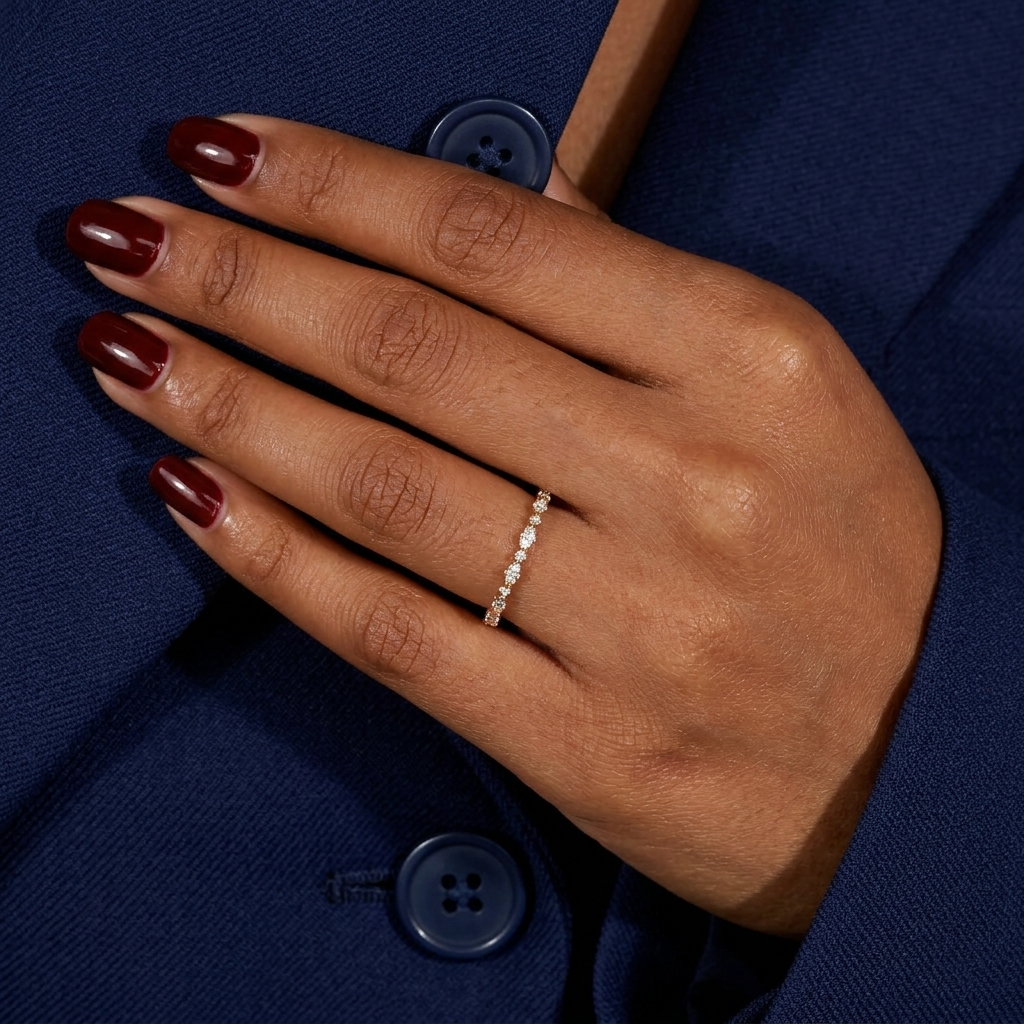 alternating marquise and round half eternity diamond band