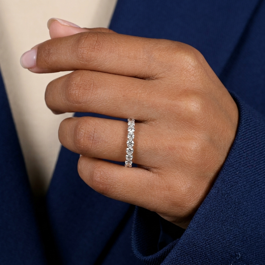seven-stone half-eternity shared-prong diamond wedding band