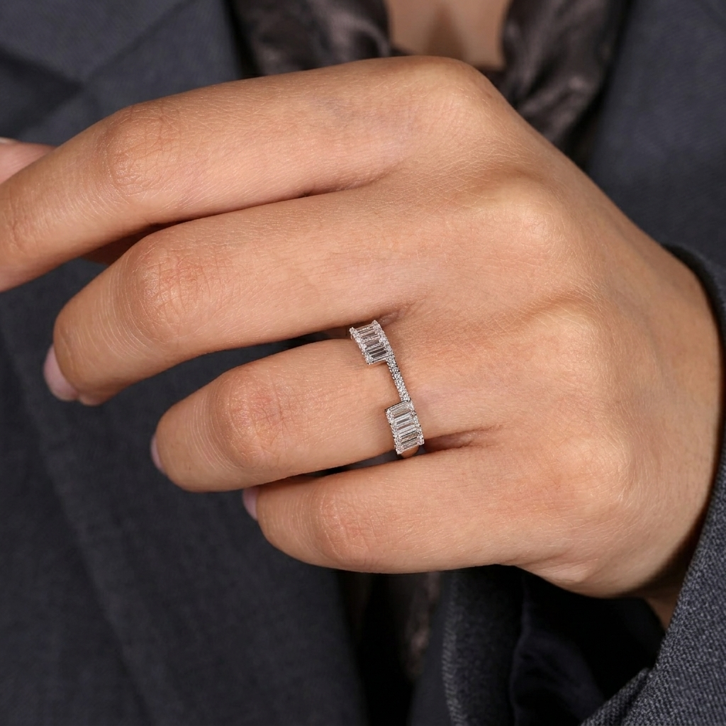 emerald cut diamond open gap ring enhancer in two-tone gold