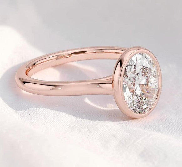 14K Gold 1 Carat Oval Cut Lab Grown Diamond Bezel Engagement Ring