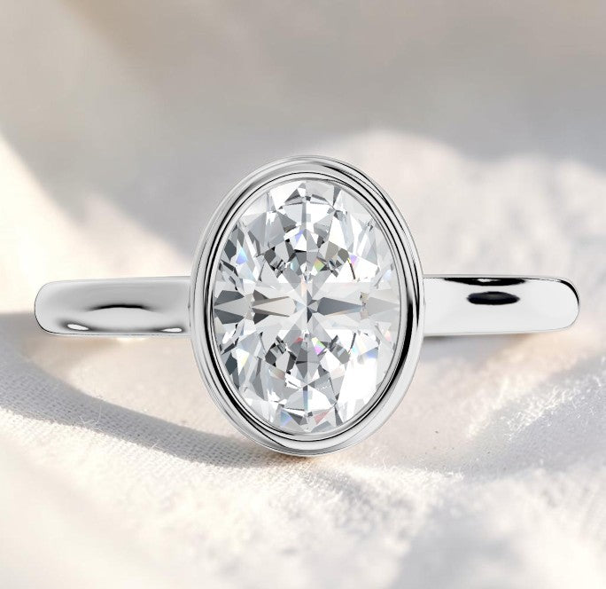 14K Gold 1 Carat Oval Cut Lab Grown Diamond Bezel Engagement Ring