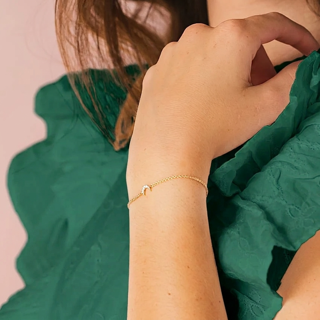 pavé diamond crescent moon chain bracelet