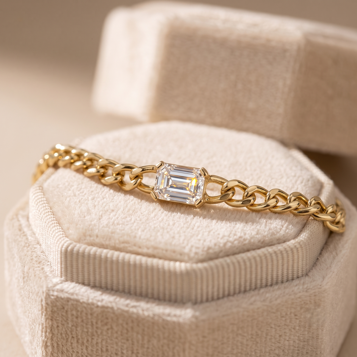 east-west emerald cut diamond curb chain bracelet