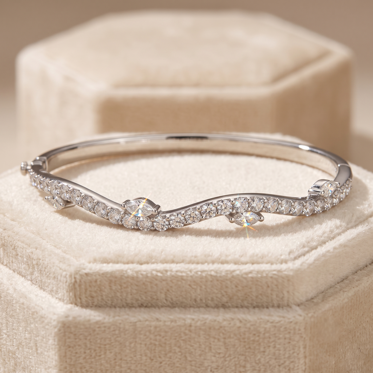 wavy pavé diamond hinged bangle with marquise accents