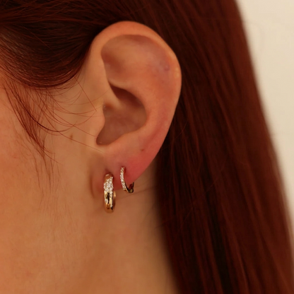 Gold Diamond Huggie Hoop Earrings with Pavé Round Stones