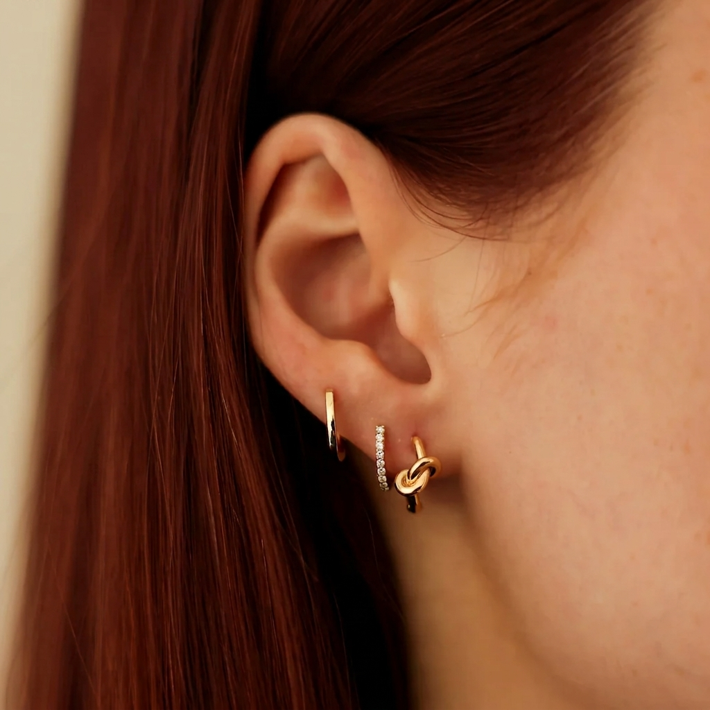 gold knot huggie hoop earrings with hinged snap closure