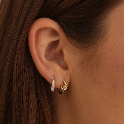 Gold Knot Huggie Hoop Earrings with Hinged Snap Closure