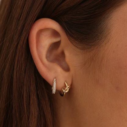 Gold Knot Huggie Hoop Earrings with Hinged Snap Closure