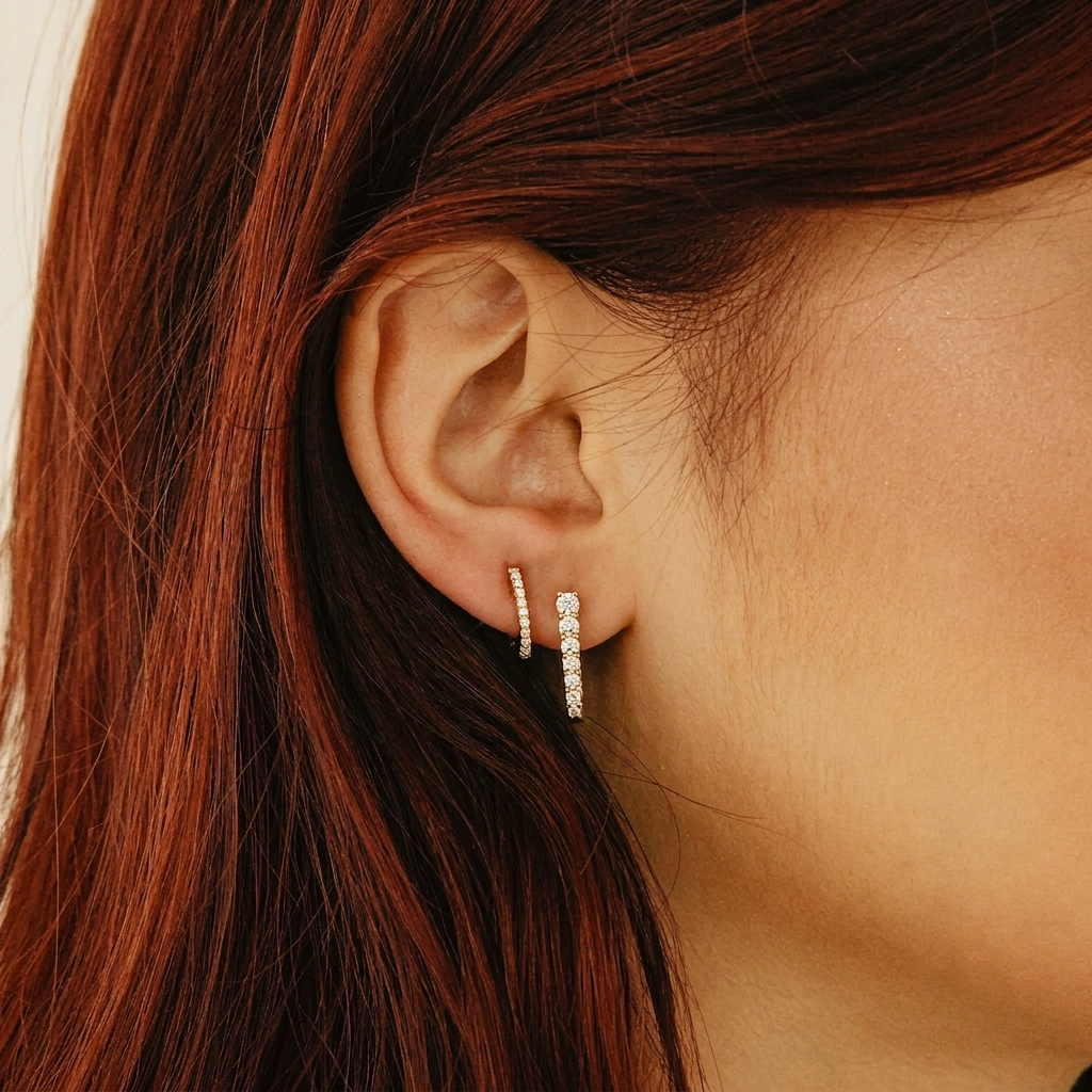 gold shared-prong round diamond oval huggie hoop earrings