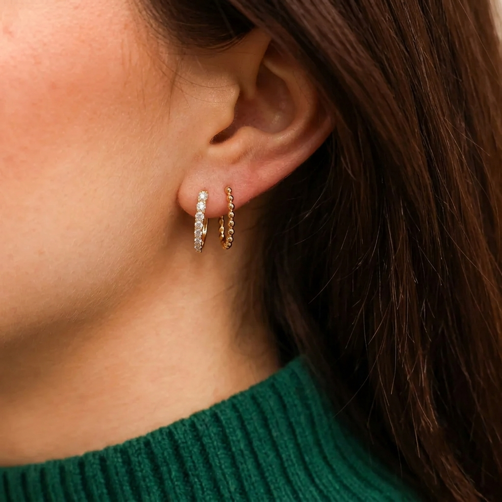 gold shared-prong round diamond oval huggie hoop earrings