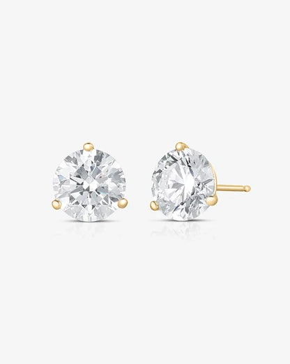 Gold Three-Prong Round Diamond Martini Stud Earrings