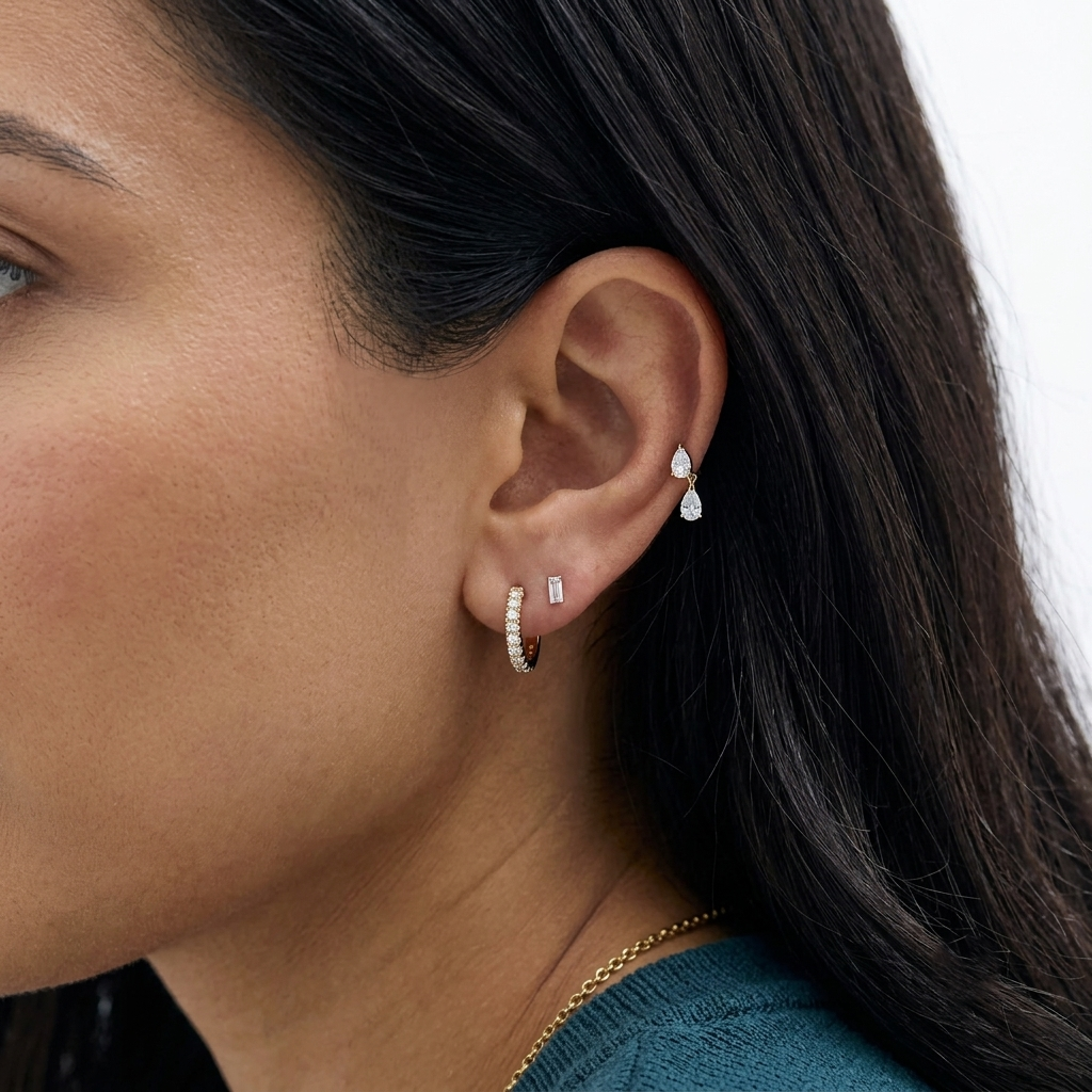 double pear cut diamond flat back piercing stud earring