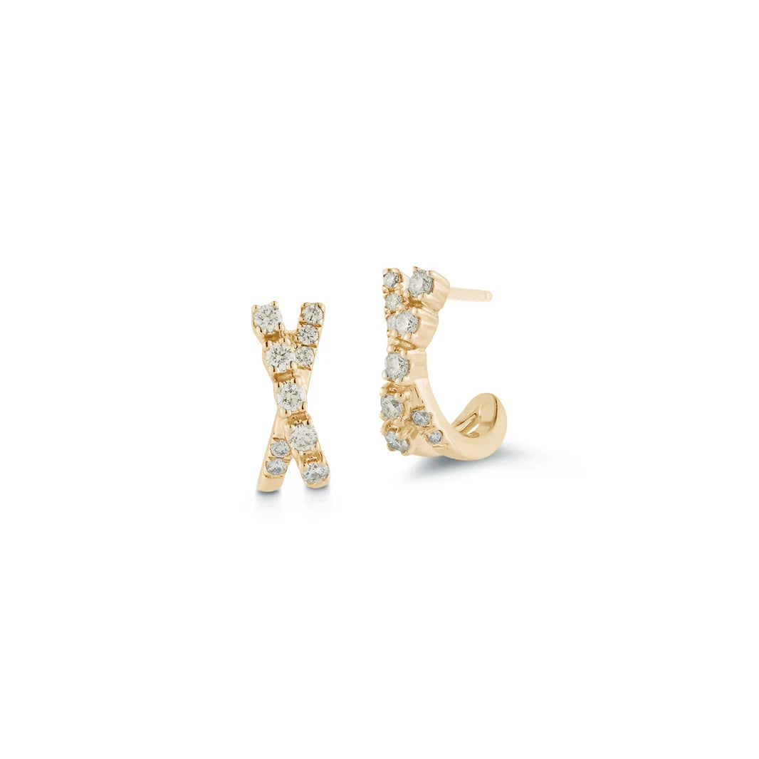 gold crisscross diamond huggie hoop earrings with x motif