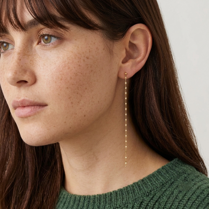 Gold Sequined Chain Long Dangle Drop Earrings