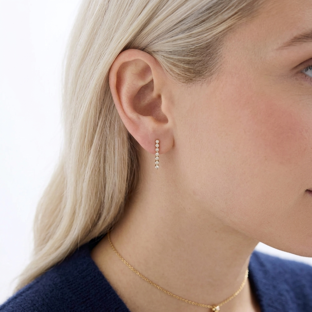 round diamond linear bar drop earrings