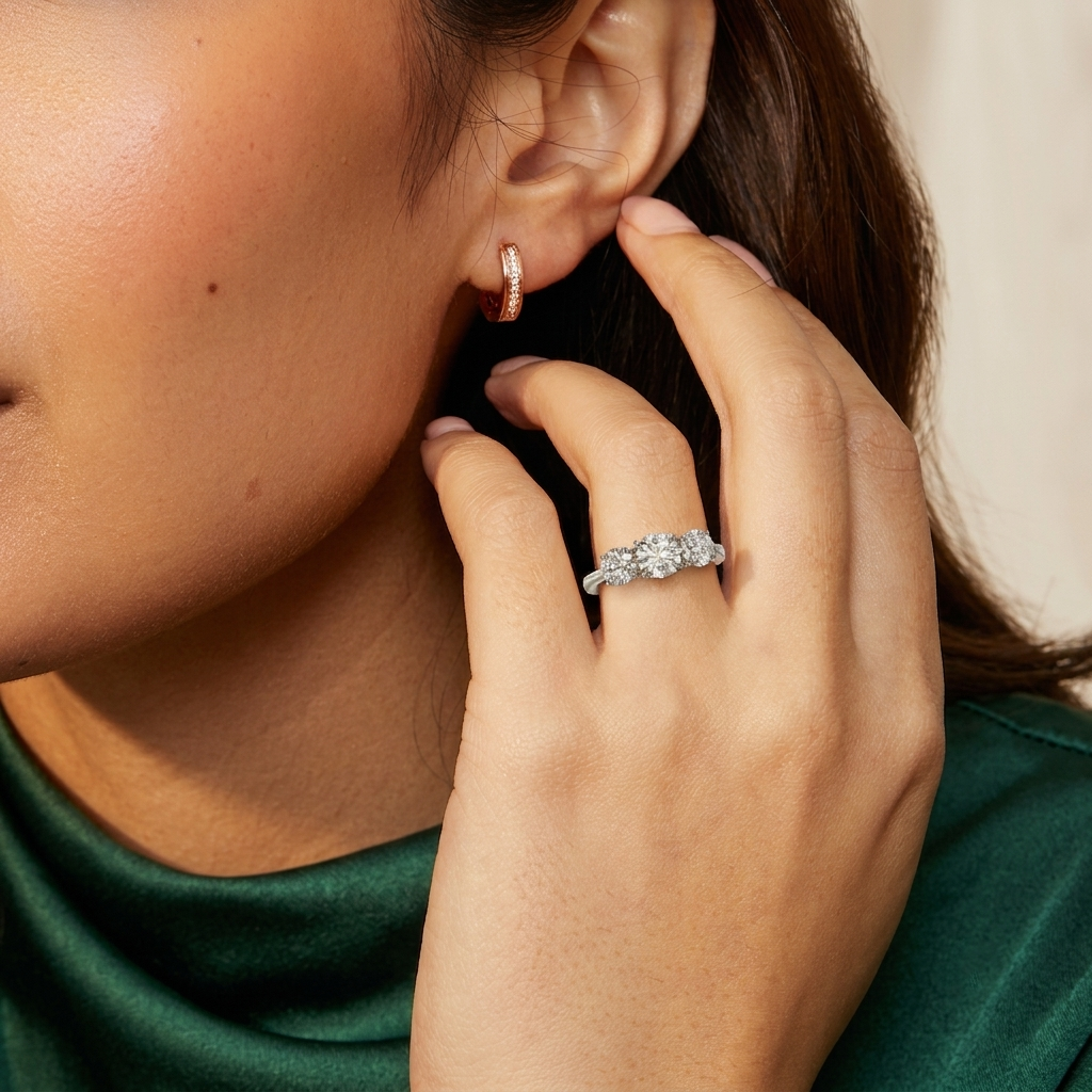 round lab grown diamond three stone engagement ring