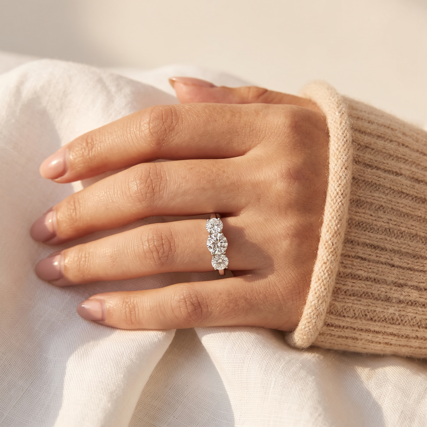 round lab grown diamond three stone engagement ring