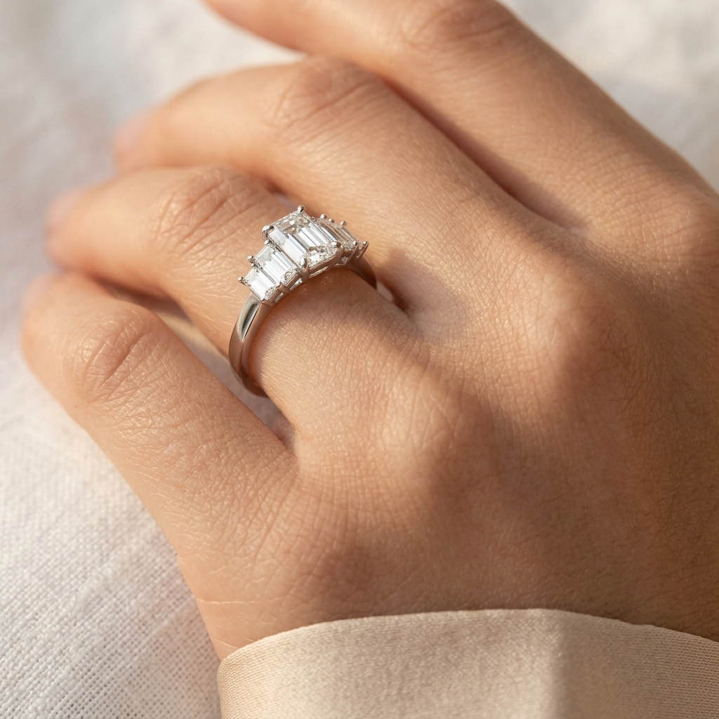 emerald cut five-stone lab diamond engagement ring