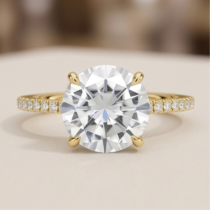 Round Lab Grown Diamond Pavé Engagement Ring in Gold – Four Prong Solitaire with Hidden Halo