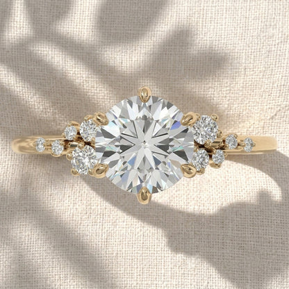 Round Cut Lab Grown Diamond Engagement Ring, Cluster Side Stones Solitaire Ring, Asymmetrical Diamond Band, Unique Solid Gold Anniversary Gift For Her