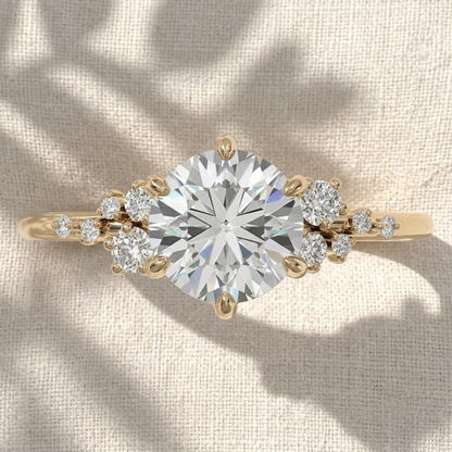 Round Cut Lab Grown Diamond Engagement Ring, Cluster Side Stones Solitaire Ring, Asymmetrical Diamond Band, Unique Solid Gold Anniversary Gift For Her